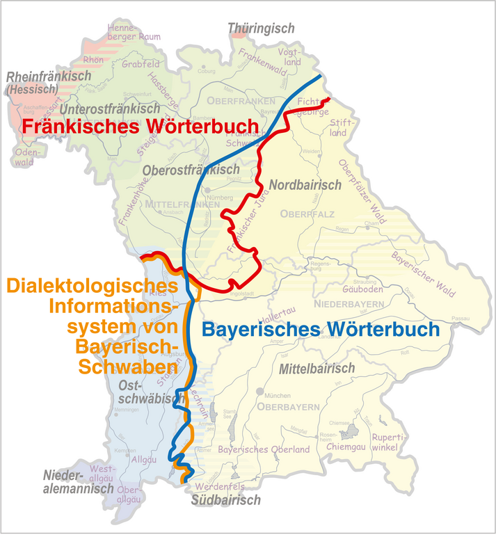 Einteilung auf der Grundlage einer Karte aus: Manfred Renn und Werner König, Kleiner Bayerischer Sprachatlas, 3. Auflage, München 2009, Seite 18.
