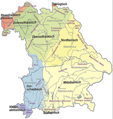 Gliederung der Dialekte in Bayern; aus: Manfred Renn und Werner König, Kleiner Bayerischer Sprachatlas, 3. Auflage, München 2009, S. 18