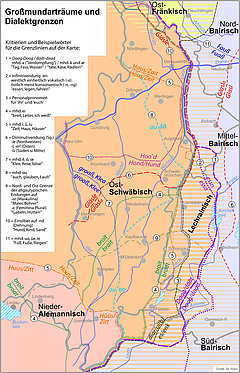 Landkarte mit der Gliederung der Dialekte in Bayerisch-Schwaben